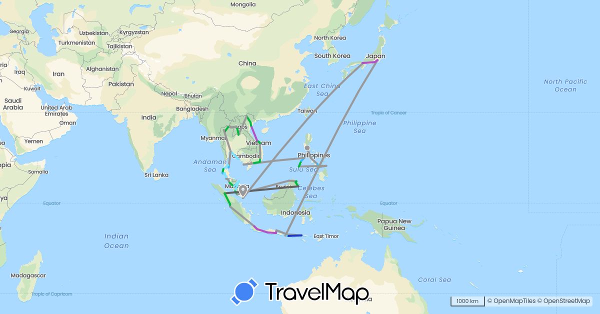 TravelMap itinerary: driving, bus, plane, train, boat, motorbike, bus + boat, plane & car, plane + boat in Indonesia, Japan, Laos, Malaysia, Philippines, Singapore, Thailand, Vietnam (Asia)